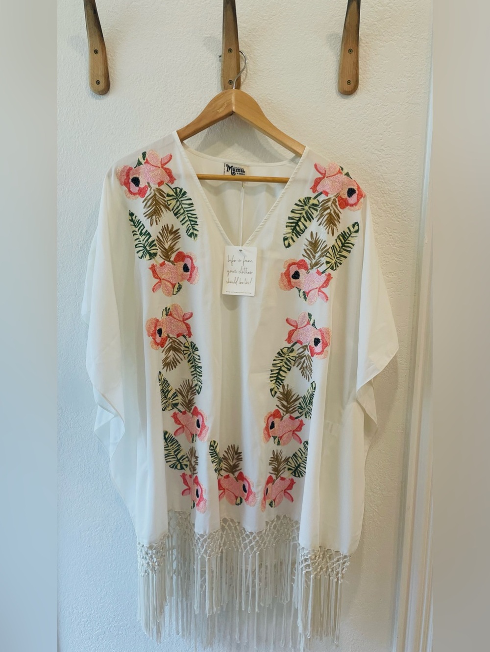 NWT Show Me Your MuMu White/Pink Floral Embroidered Fringe Swim Coverup, Size XS - Picture 2 of 4